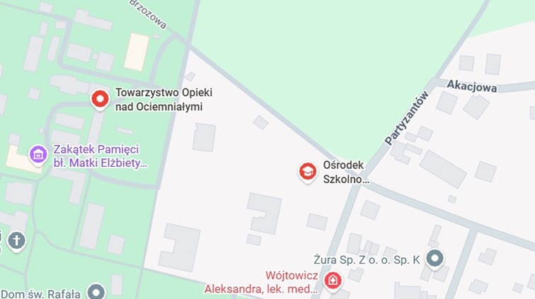 Wycinek z mapy google z zaznaczoną lokalizacją ośrodka