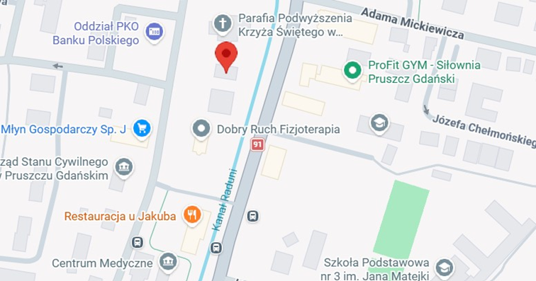 Wycinek z mapy google z zaznaczoną lokalizacją ośrodka