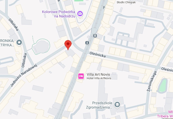 Wycinek z mapy google z zaznaczoną lokalizacją ośrodka