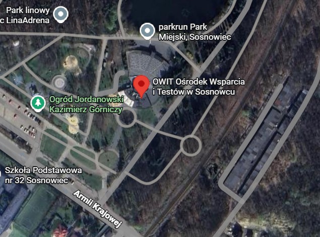 Wycinek z mapy google z zaznaczoną lokalizacją ośrodka
