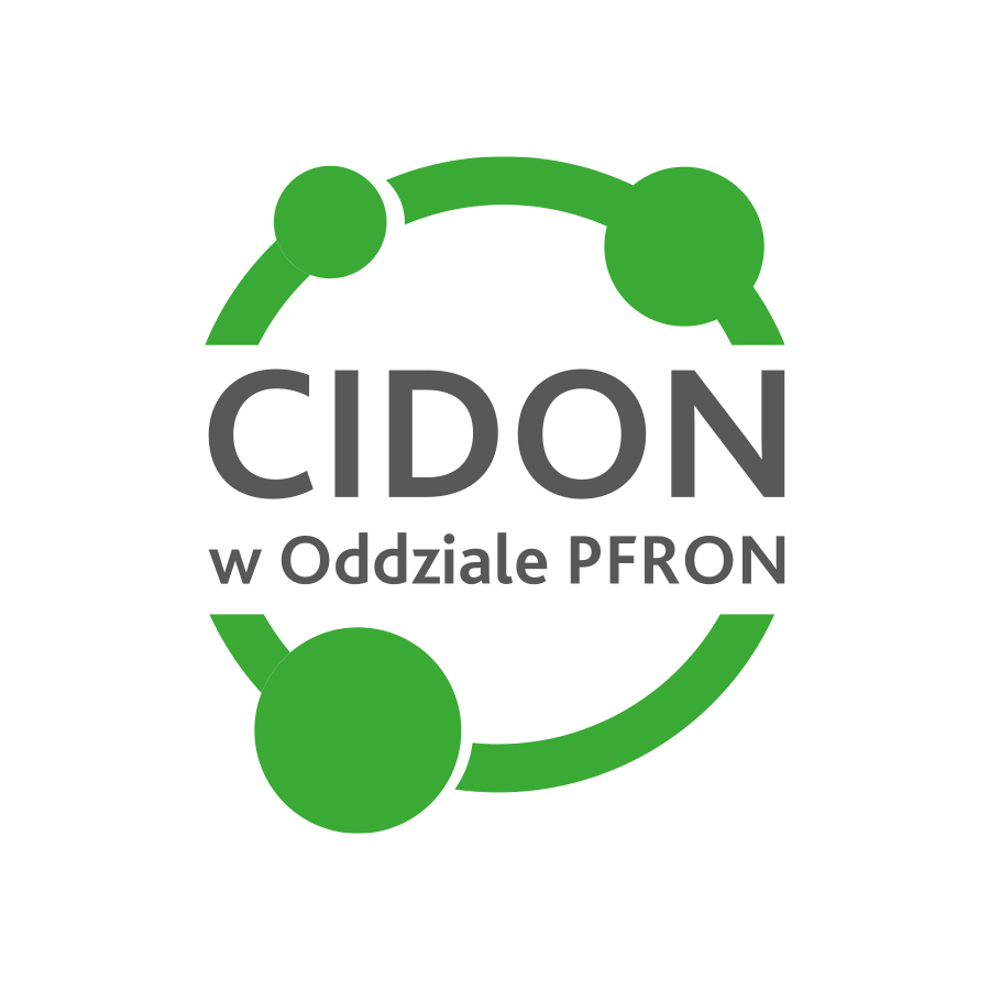 Czarny napis CIDON w Oddziale PFRON wpisany w zielone koło w obrębie którego znajdują się trzy mniejsze kółka wypełnione na zielono